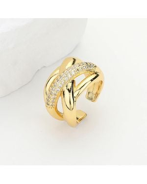 Fashnzfab Cz Stone Paved Brass Metal Crisscross Ring - Metallic