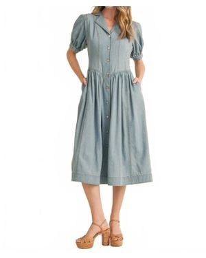 En Merci Denim Puff Sleeve Button Down Mini Dress - Blue