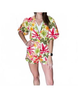 Fate by LFD Tropical Print Linen Short Sleeve Blazer - Red