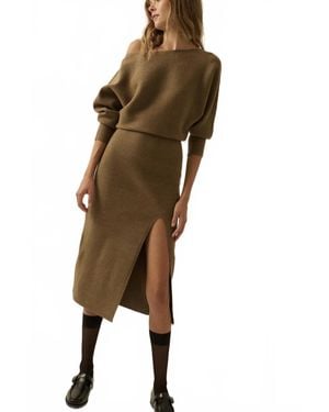 Promesa Rib-Knit One-Shoulder Dolman Midi Sweater Dress - Brown