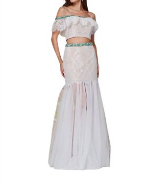 Angela & Alison Cropped Top Prom Dress - White