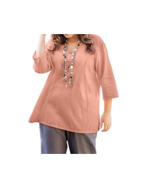 On The Plus Side Linen 3/4 Sleeve V-Neck Top - Pink