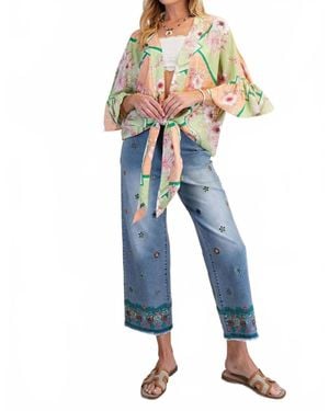 Easel Floral Peach Blossom Kimono Tie Shrug Top - Blue