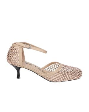 Strategia Perforated Fabric Ankle Strap Pumps With Rhinestone Embellishments - Multicolor