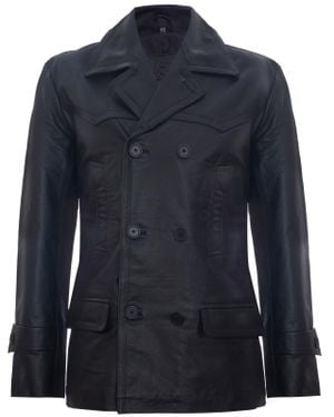Infinity Leather Cow Hide Dr Who Naval German Pea Coat Jacket - Blue