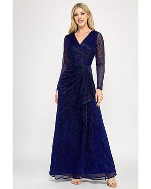 TRUEDAMES Metallic Crinkle Mesh A-Line Gown With Draped Waist And Sheer Long Sleeves - Blue