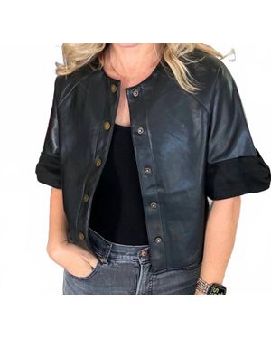 Miou Muse Suede Trim Short Sleeve Faux Leather Jacket - Black