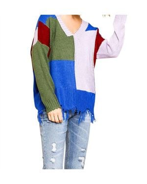 Umgee Color Block Frayed Hem Sweater - Blue