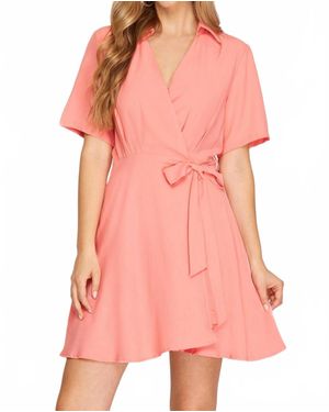 She + Sky Short Sleeve Wrap Dress With Front Side Tie - Pink