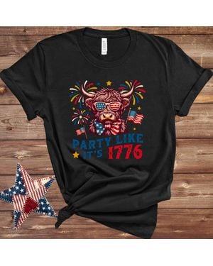 TRUEDAMES Party Like It's 1776 Highland Cow Patriotic Tshirt - Black