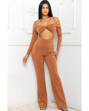 TRUEDAMES Open Shoulder Cutout Detail Jumpsuit - Brown