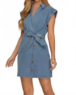 She + Sky Short Sleeve Surplice V-Neck Denim Mini Dress - Blue