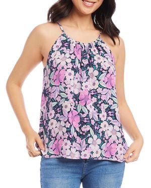 Karen Kane Pleated Floral Print Halter Top - Purple