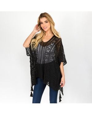 TRUEDAMES Boho Crochet Tassel Poncho Top - Black