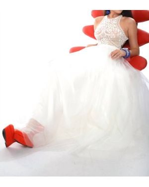 Precious Formals Beaded Illusion Formal Ball Gown - White