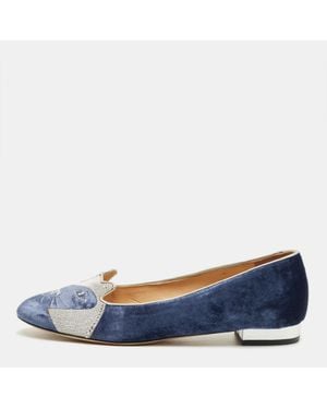 Charlotte Olympia Velvet Kitty Smoking Slippers - Blue