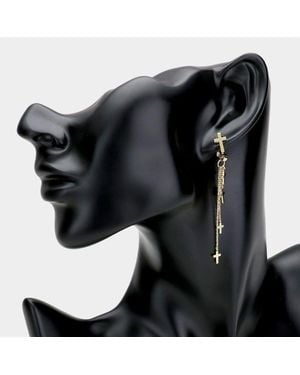 Fashnzfab Brass Metal Cross Chain Drop Earrings - Black
