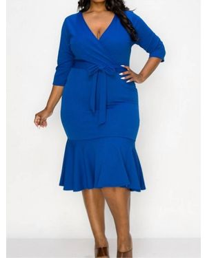 Janette Plus Belted Ruffle Bottom Dress - Blue