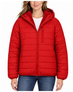 Spire By Galaxy Loose Fit Sherpa Lined Hooded Puffer Jacket - Red