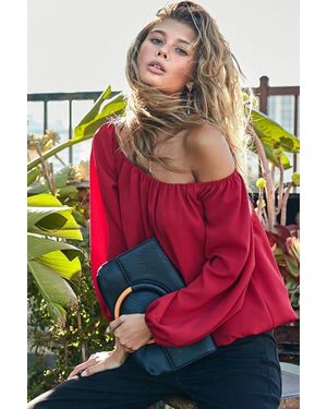 TRUEDAMES Off Shoulder Long Bubble Sleeve Solid Top - Red