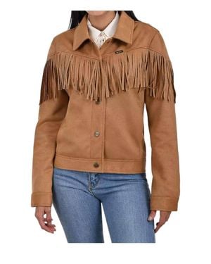 Wrangler Faux Suede With Fringe Trucker Jacket - Blue