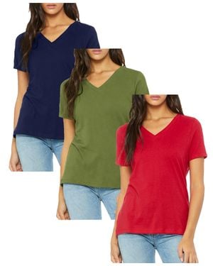 Blu Rock Loose Fit Short Sleeve V-Neck Cotton Stretch Tees-3 Pack - Red