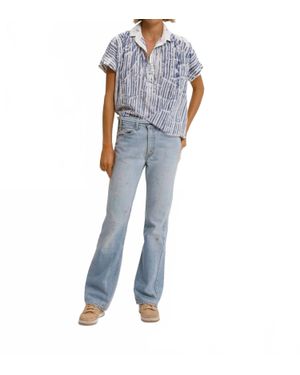 Cali Dreaming Motley Button Front Short Sleeve Top - Blue