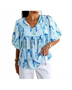 Faire Striped Floral Bubble Sleeve Blouse - Blue
