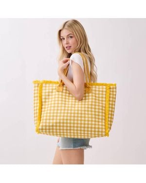 Fashnzfab Gingham Check Terry Cloth Frayed Shoulder Tote Bag - Yellow
