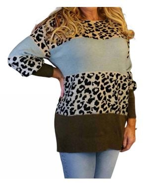 Look Mode Usa Leopard Print Colorblock Sweater - Green