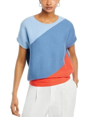 Tahari Sweater Dutch Tulip Colorblocked Ribbed Short Sleeve Fts85 - Blue