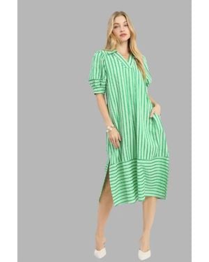 Umgee Striped Puff Sleeve Midi Dress - Green