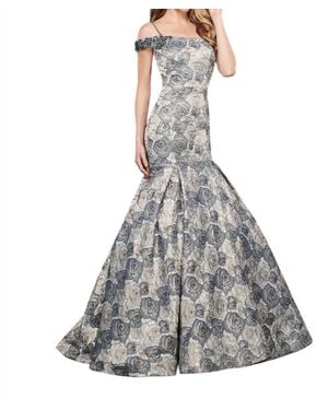 Rachel Allan Metallic Floral Jacquard Mermaid Prom Gown - Gray