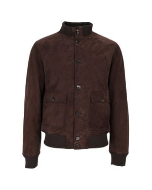 Stewart Suede Leather Bomber Jacket With Ribbed Knit Details - Brown
