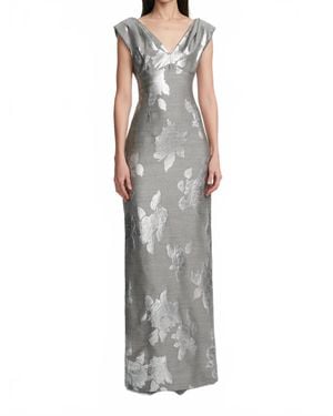 Lela Rose Floral Fil Coupe V-Neck Gown - Gray