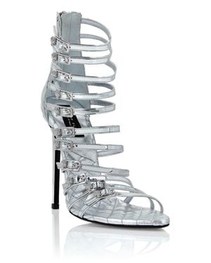 Philipp Plein Mirror Leather Sandals High Plein Heels Skull - White