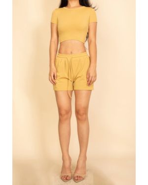 TRUEDAMES Ribbed Knit Drawstring Lounge Shorts Set - Yellow