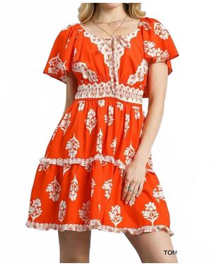 Umgee Floral Ruffle Trim Tiered Mini Dress - Orange