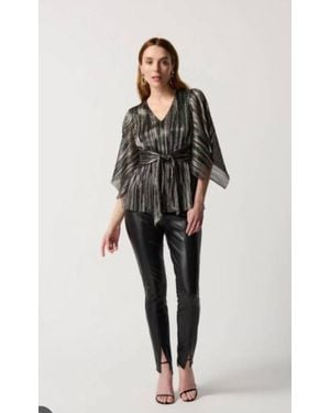 Joseph Ribkoff Pleated Foil Knit Top With Shirred Waist And Sash - Black