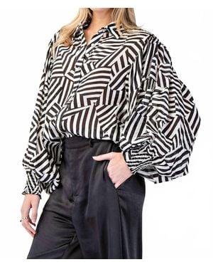 Eesome Printed Bubble Sleeve Button Down Top - Black