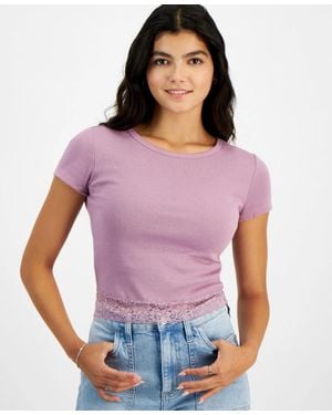 Hippie Rose Top Valerian Lace-Trim Short Sleeve Crew Neck Pal132 - Purple