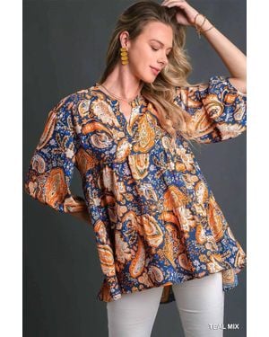 TRUEDAMES Mix Paisley Boho Tunic Blouse - Gray
