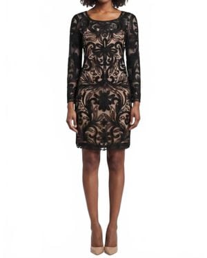 Sue Wong Sleeve Floral Embroidered Mesh Dress - Black