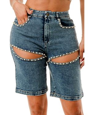 SALT Embellished Pearl Denim Shorts - Blue