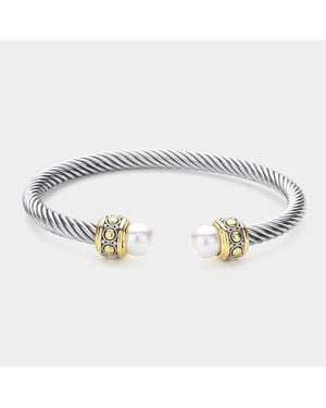 Fashnzfab Two Tone Plated Pearl Tip Cable Cuff Bracelet - Metallic