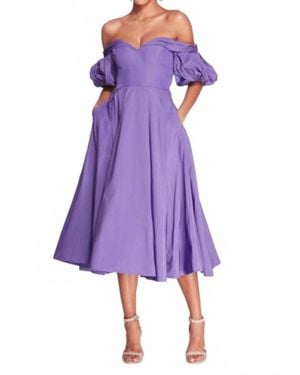Marchesa Pleated Off-Shoulder Taffeta Midi Dress - Purple