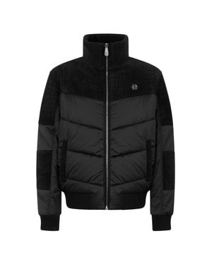 Philipp Plein Matte Nylon Puffer Jacket Textured Panel Canvas Down Jacket - Black