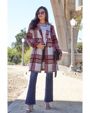 TRUEDAMES Double Take Full Size Plaid Button Up Lapel Collar Coat - Red