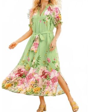 Umgee Floral Border Print Midi Dress With Tie Belt - Green