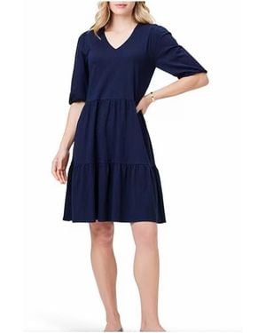 NIC+ZOE V Neck Elbow Sleeve Tiered Dress - Blue